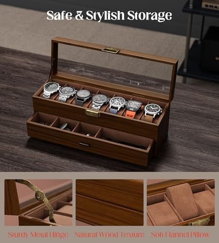 Watch Case Box for Men - Ultra-thin Frame Wide Display 7 Slots 2-Layer Wood Grain Watch Storage Organizer with Jewelry Drawer, Real-glass Display Case Collection Box Gift for Dad Husband - Image 5