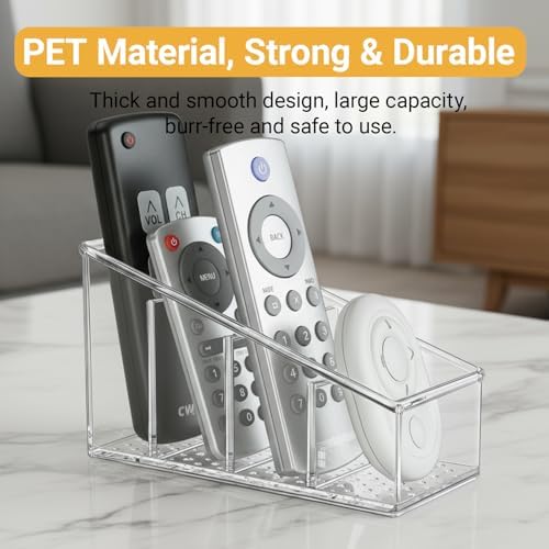 Clear TV Remote Control Holder, PET Remote Caddy with 4 Compartments, Mini Desktop Organizer for Remotes, Pens, Office Desk and Bedside - Image 3