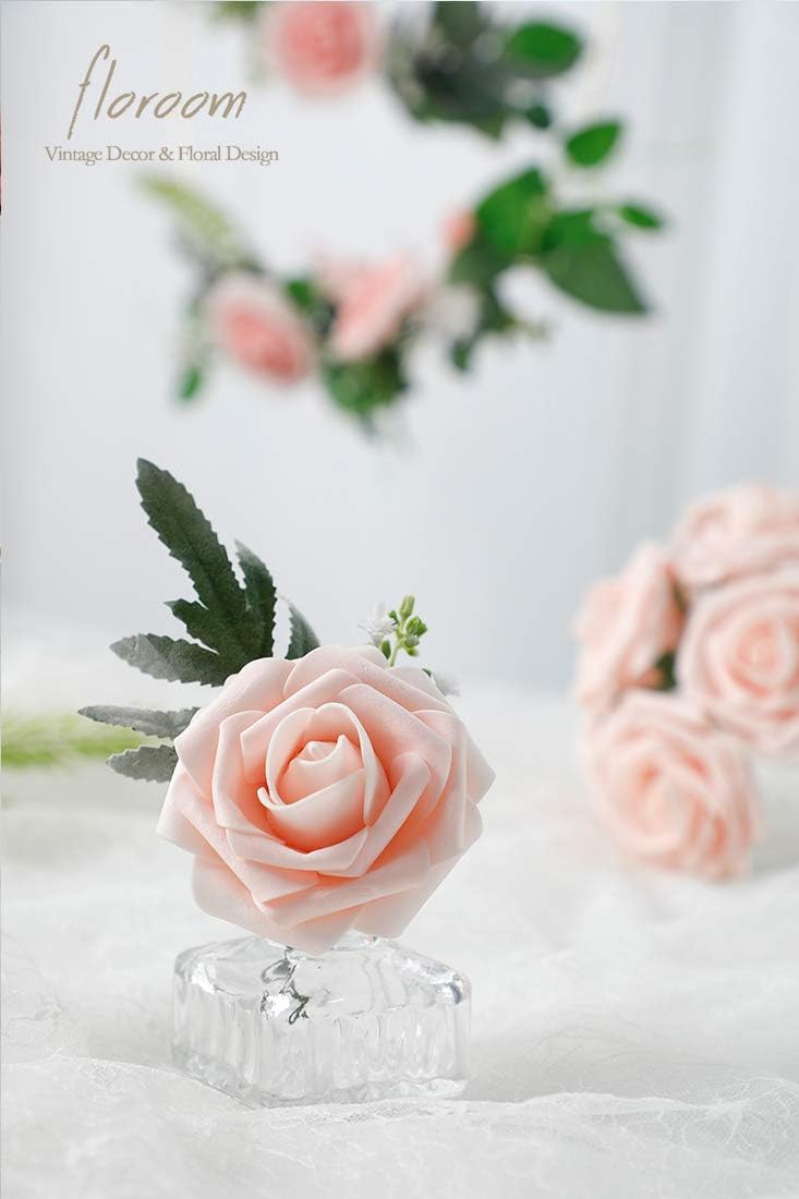 Floroom Artificial Flowers 50pcs Real Looking Blush Foam Fake Roses with Stems for DIY Wedding Bouquets Pink Bridal Shower Centerpieces Floral Arrangements Party Tables Home Decorations