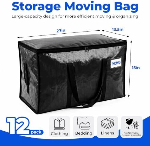 12 Pack Heavy Duty Moving Bags, Extra Large with Handles, Black - Image 2