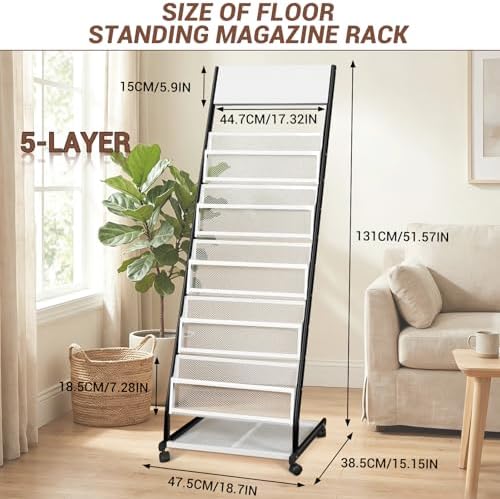 Floor Standing Magazine Rack 5 Layer with Wheels, Brochure Display Stand Large Newspaper Stand for Trade Show Exhibitions Office (Width 18.7 in) - Image 2