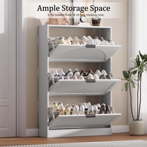 Fluted Shoe Storage Cabinet for Entryway, 3 Flip Drawers, White - Image 3