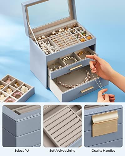 SONGMICS Jewelry Box Organizer, 4-Layer Storage with 3 Drawers, Glass Lid - Image 5