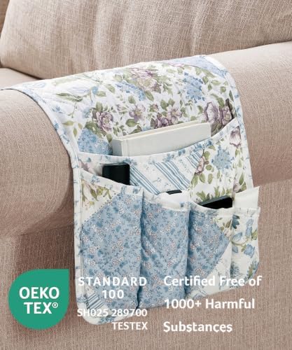 Brilliant Sunshine Blue Roses Patchwork Couch Armrest Organizer, 35"×13" - Image 2