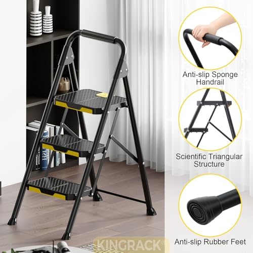 KINGRACK 3 Step Ladder, Sturdy Steel Step Stool with Safe-Lock Design, Handrail, Anti-Slip Wide Pedals, Pass 800lbs Load Testing, Folding Portable Ladder for Multi-Purpose, Home, Kitchen, Black - Image 4