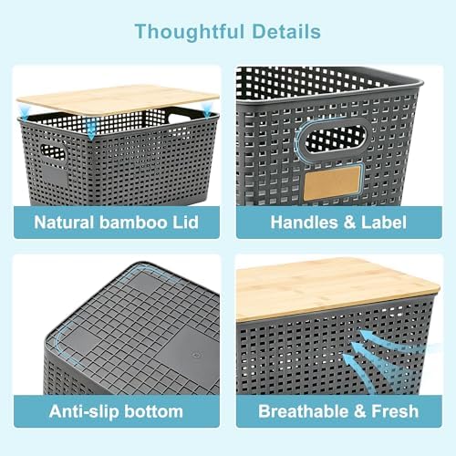 Bagnizer 2 Pack Tall Plastic Storage Bins with Bamboo Lids, 10.8qt Stackable Storages Baskets for Organizing Desktop Closet Playroom Classroom Office, 12"L x 8.3"W x 6.1"H, Gray - Image 4