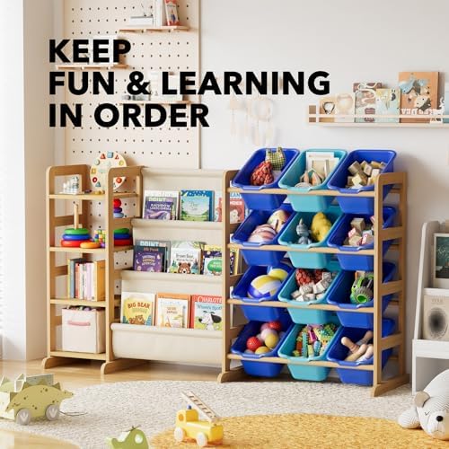 SpaceAid 3-in-1 Toy Storage Organizer with 4 Shelves and 12 Bins, Toy Organizers Storage 3-Tier Bookshelf, Kids Bin Shelf Box Bookcase for Bedroom Playroom Organization Room Decor, Blue and Navy Blue - Image 5