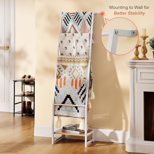 DGWJSU Blanket Ladder, 5 Tier Ladder Shelf,Wooden Blanket Ladders for Living Room and Bedroom, 5.2ft Blanket Holder Rack Farmhouse Ladder Rack for Storage and Home Decor (White) - Image 5