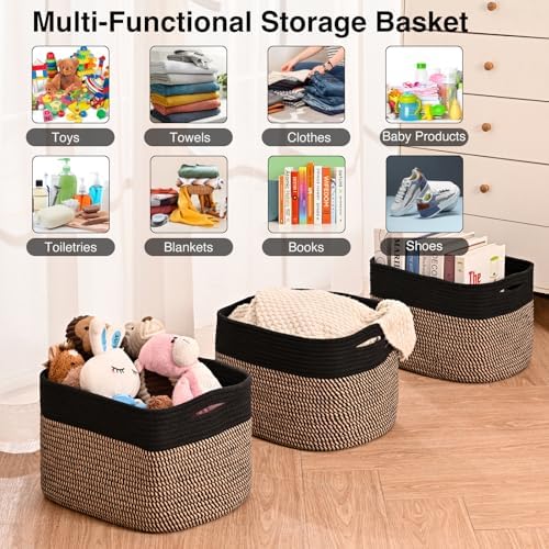 ICERZCZ Storage Baskets for Organizing Shelves, Toy Basket for Kid's Room, Woven Cotton Rope Basket for Decor, Organizing Baskets for Bedroom Living Room, 15"x11"x9.5", 3 Packs, Black & Jute - Image 4