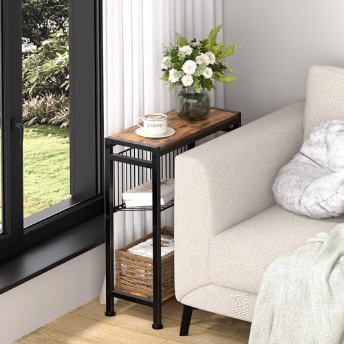 Small Side Table Set of 2 for Small Space, 3-Tier Narrow End Table with Magazine Holder, Slim Nightstand, Skinny Snack Couch Table in Living Room, Bedroom and Balcony (Rustic Brown &Black) - Image 5