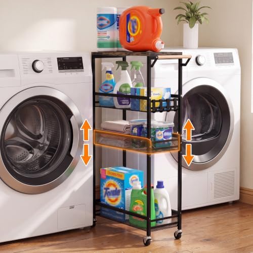 Vincona Extra Slim Storage Cart with Adjustable Shelf, 4 Tier 5.1" Narrow Rolling Utility Cart with Wooden Tabletop, Small Metal Mobile Shelf Unit Organizer Trolley for Laundry, Bathroom, Kitchen by Vincona