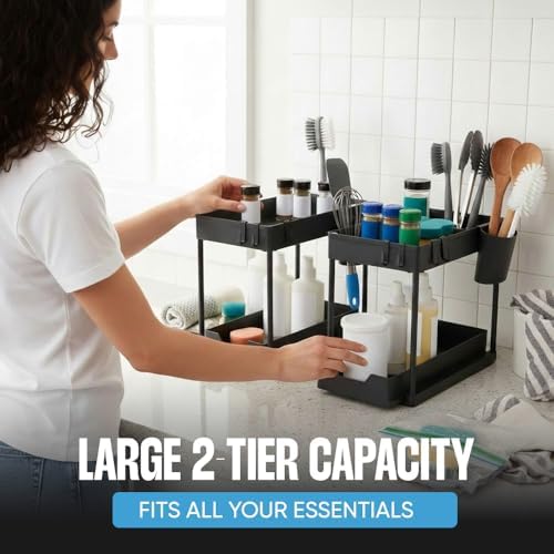 Undersink Organizer, 2-Tier Under Sink Storage Rack with Sliding Drawers for Kitchen Bathroom Cabinets, Pull Out Organizer for Pantry, Laundry Room & Closet Organization - 2 Pack, Black - Image 6