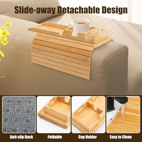 Bamboo Couch Cup Holder, Foldable and Anti-Slip Sofa Arm Table with Detachable Sofa Arm Organizer Tray, Portable 2 in 1 Sofa Armrest Tray for Drink, Coffee, Cup, Remote, Snacks, Cellphone, Glasses - Image 3