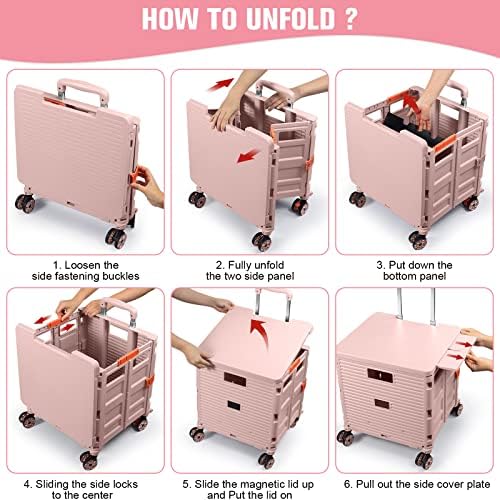 FELICON SELORSS Folding Utility Cart Portable Rolling Crate Handcart-Pink - Image 5