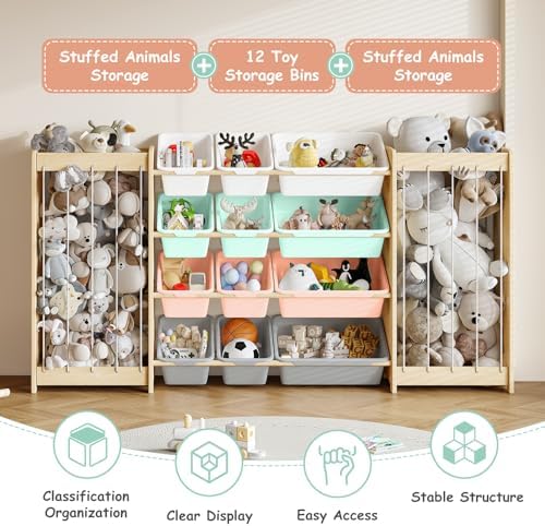EXPERLAM Large Toy Storage Organizer, Wooden Stuffed Animal Storage & 12-Bins Toy Organizer, Double-Sided Plush Toy Holder Featuring Thicker Ropes, Space Save Playroom Bedroom Nursery Storage, Multi - Image 4