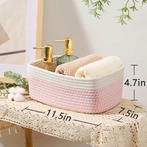 MiniArk Small Storage Baskets for Organizing | Closet Organizer Bins | Shelf Toy Basket | Woven Rope Baskets | Cube Decorative Box | Shallow Basket | 11.5x7.5x4.7” | 3 Packs White Pink - Image 3
