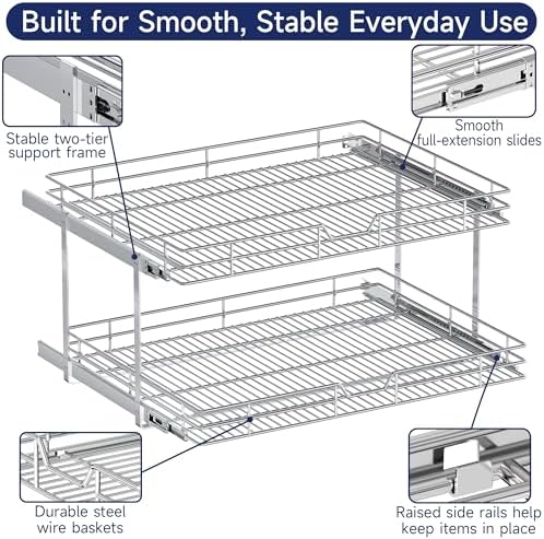 2-Tier Pull Out Cabinet Organizer, 28.5" W x 21.5" D, Heavy Duty Dual Slide Out Shelves for Wide Base Cabinets, Chrome Wire Basket Drawer for Pots, Pans, Pantry & Cleaning Supplies - Image 5
