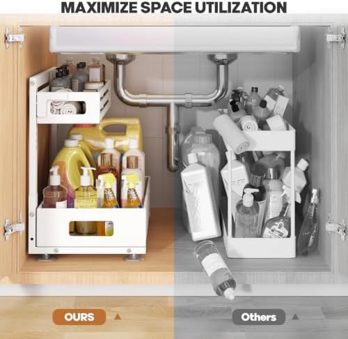 2 Pack Under Sink Organizer,Pull Out Cabinet Organizer With Smooth Cylindrical Rail,Metal Slide Out Drawer for Kitchen Bathroom Laundry Cabinet,8-Level Tool Free Height Adjustable-White - Image 6