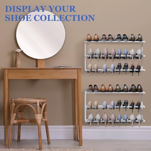 2 Pack Wall Mounted Shoe Rack, 3 Tier Hanging Shoe Rack Holds 24 Pairs, 17"-30"Adjustable Heavy Duty Metal Shoe Organizer Holder with 4 Storage Hooks, Space Saving for Closet Entryway Doorway（White) - Image 6