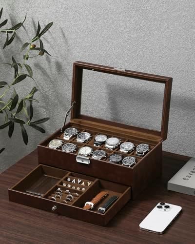 GUKA Watch Box, 12 Slot Watch Case, Watch Cases for men with Real Glass Lid, Synthetic Leather Watch Organizer storage with Jewelry Case, Birthday for Men and Women, Brown - Image 2