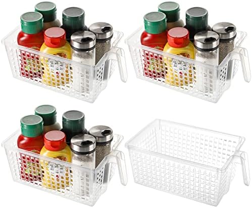 Hedume 4 Pack Plastic Storage Bins with Handle, BPA-Free Kitchen Pantry Cabinet Refrigerator Food Storage Organizer for Snacks, Food, Produce, Pasta by Hedume
