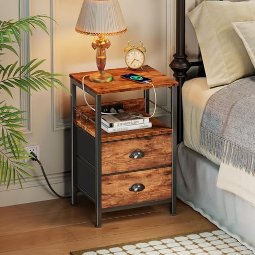 Furologee Nightstand with Charging Station for Dorm, 2 Fabric Drawers - Image 2