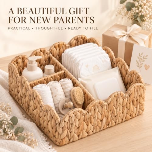 Divided Scalloped Basket,Wicker Diaper Caddy Scalloped Baske,Woven Natural Water Hyacinth Basket with 4 Dividers,Suitable for Baby Rooms, Bathrooms, Bedrooms (Beige) - Image 6