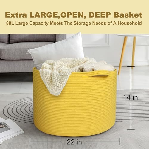 MEGASKET Extra Large Yellow Basket, 22” X 22” X 14” Cotton Rope Yellow Decor for Living Room Bedroom, Woven Basket for Blanket, Laundry, Towel, Shoe, Baby Nursery Toy Organizer, Room Decor Storage Bin - Image 3