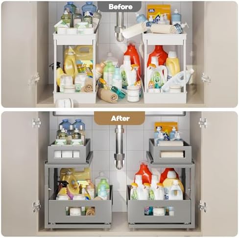 2 Pack 15.74IN-Depth Under Sink Organizer With Next-Gen Ball-Bearing Slides,2-Tier Pull Out Cabinet Storage,Height Adjustable Drawer Shelf for Bathroom,Kitchen,Laundry,Cabinet,Pantry-Gun Gray - Image 6