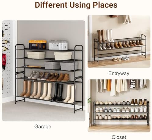 KEETDY 3-Tier Long Shoe Rack for Closet Metal Shoe Organizer for Entryway, Wide Stackable Shoe Storage Shelf with Sturdy Wire Grid for Closet Floor, Bedroom, Black - Image 6