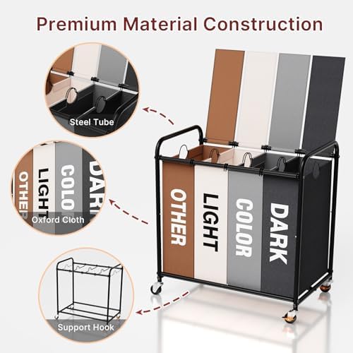 180L Laundry Sorter 4 Section with Lockable Wheels and Lid Multicolor - Image 4