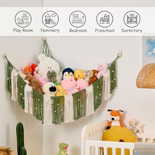 Pretty Jolly Stuffed Animal Hammock with Weaving Tassels and Beads Avocado Green - Image 3