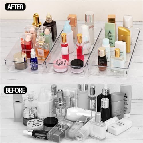 6Pcs Clear Plastic Drawer Organizers Tray 12" x 6.2" Storage Bins with 25Pcs Non-Slip Pads for Makeup, Jewelries, Kitchen Utensils, Bathroom and Office - Image 2