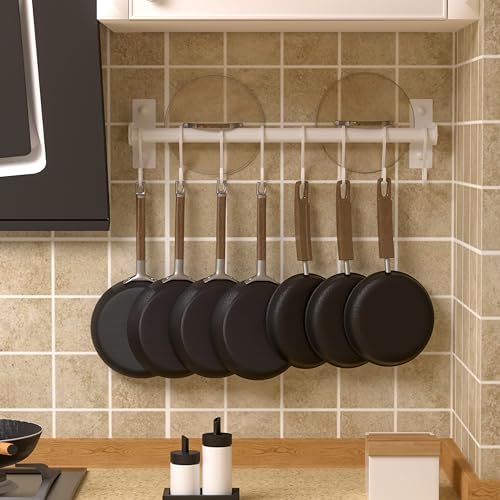 Dseap Kitchen Utensil Holder Hanger, Pot and Pan Rack Wall Mounted, Kitchen Rail with 8 Hooks for Hanging Cooking Utensils, Mugs, Spoons, Wall Mounted, White - Image 2
