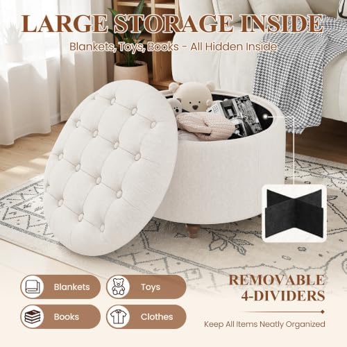 25" Round Ottoman with Storage, Small Coffee Table with Reversible Tray Lid - Image 3