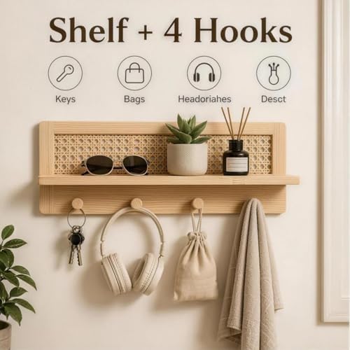 Rattan Wall Shelf with 4 Hooks, Entryway Key Holder & Coat Rack Wall Mount - Image 4