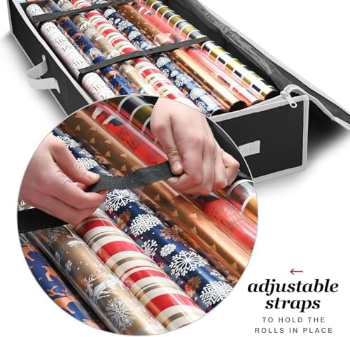 Premium Wrapping Paper Organizer Storage | Gift Wrap Holder With Extra Pockets for Christmas Decorations, Reinforced Handles, Heavy Duty, Ultra-Durable, Tear-Proof Fabric - Fits Up to 27 Rolls (Black) - Image 2