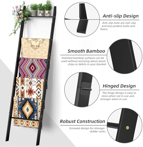 BAMBANG 6-Tier Blanket Ladder for Living Room, Blanket Quilt Ladder Rack Rustic Decorative Towel Holder, Wall Leaning Blanket Ladder Shelf Storage Farmhouse Decor for Bedroom Bathroom, Black - Image 4