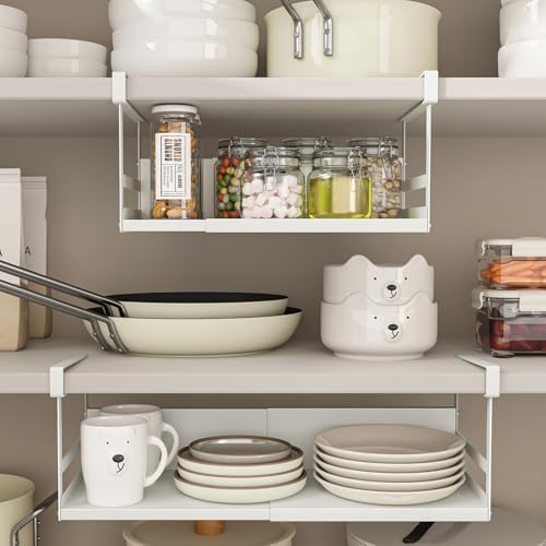 Expandable Under Cabinet Shelf Organizer with 1.25 Inches Thick Clips, Heavy Duty Extendable Under Shelf Storage Basket for Pantry or Laundry Room, White, 2 Pack, Interior: 5.7" H x 8.54" D - Image 2