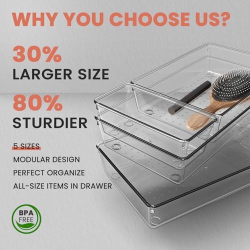 Large Clear Plastic Drawer Organizer 28 Pack - 5 Sizes (XL to small) Acrylic Drawer Organizer Trays for Kitchen Utensils, Gadgets, Bathroom, Vanity and Makeup, Office - Everything Can Be Organized! - Image 3