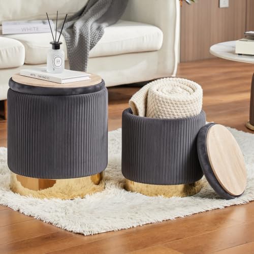 Round Ottoman with Storage Set of 2 Gray Velvet Vanity Stool - Image 4