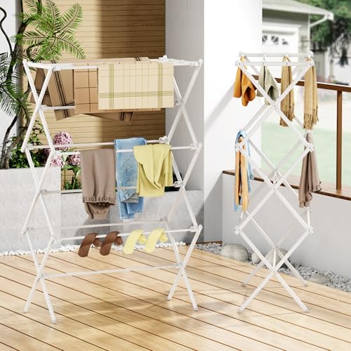 Drying Rack Clothing, 3-Tier Clothes Drying Rack Foldable, Antirust Laundry Drying Rack Collapsible Use for Indoor & Outdoor, 11.8" D x 34.6" W x 35.4" H, White - Image 4
