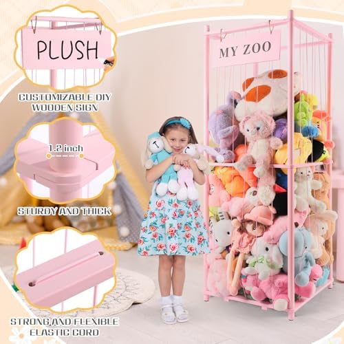 GLDZI Stuffed Animal Storage Zoo, Wooden Stuffed Animal Organizer with Elastic Cords for Boys Girls, Space Saving Toy Plushies Storage Holder for Playroom, Bedroom, Living Room (Pink, Large) - Image 5