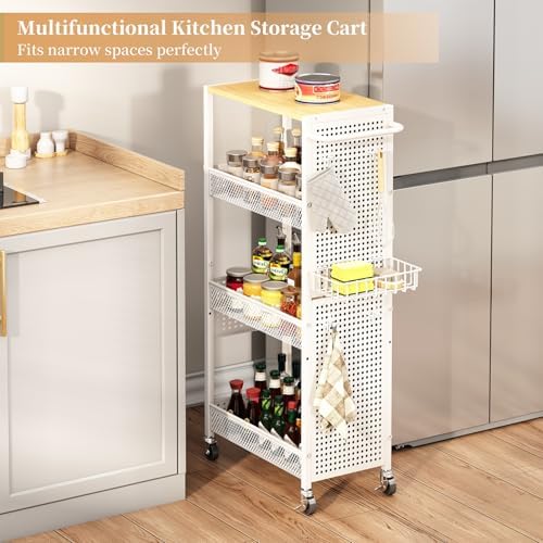 Slim Storage Rolling Cart: 4-Tier Narrow Metal & Wood Utility Cart with Wheels for Kitchen/Laundry/Bathroom(White) - Image 3