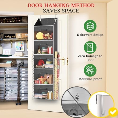 Over Door Wrapping Paper Organizer Storage with 5 Removable Drawers & 2 Large Side Pockets for Gift Wrap Rolls Wrap Storage for Ribbons, Bows, Ornaments and Tools - Image 4