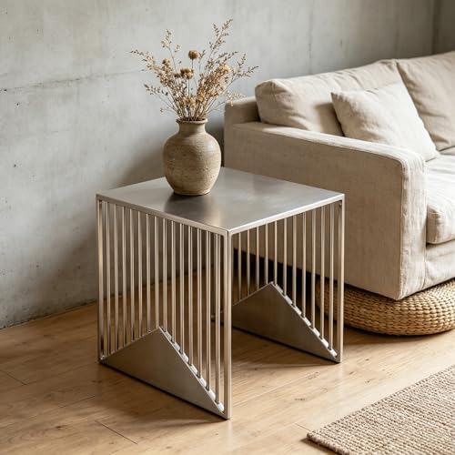Stainless Steel Side Table - Geometric Vertical Slat Metal End Table, Modern Industrial Square Accent Table for Living Room, Bedroom, Small Spaces - Sturdy Nightstand, Easy to Clean - Image 4