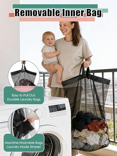WTREE Laundry Hamper with Lid, Reinforced Sturdy Clothes Hamper with Anti-Puncture Base, Large Collapsible Laundry Basket with Removable Liner Bag, Tall Dirty Clothes Bin for Family, 100L Pink - Image 3