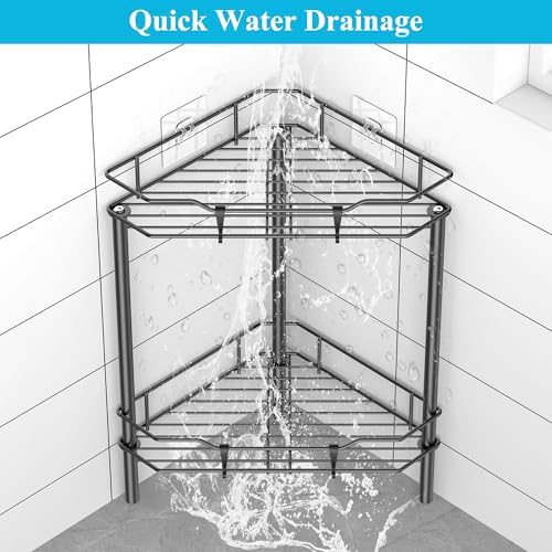 HuggieGems Metal Floor Standing Corner Shower Caddy, Black, 2 Tier - Image 6