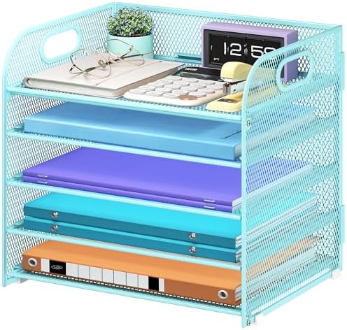 Cawukege 5 Tier Paper Organizer with Handle, Blue Metal Mesh Desk Organizer File Folder Paper Letter Tray Desktop Document Sorter for Classroom, School, Office Accessories Organization and Storage by Cawukege