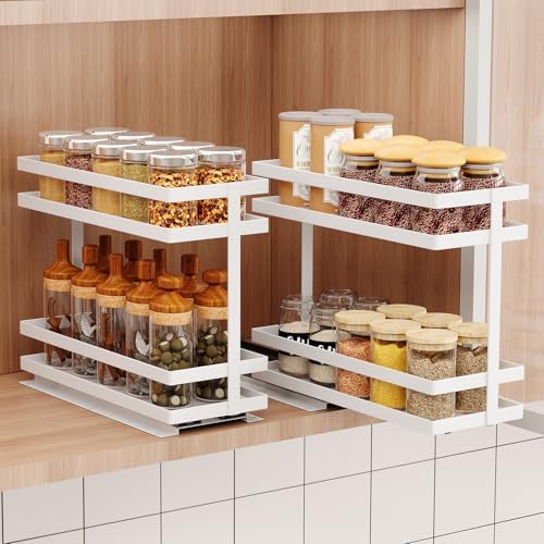 Mustorn 2 Pack Pull Out Spice Rack Organizer for Cabinet, 2 Tier Metal Slide Out Seasoning Organizer and Storage Heavy Duty Vertical Spice Rack Shelf Pullout for Kitchen Cabinets No Drilling (White) by MUSTORN